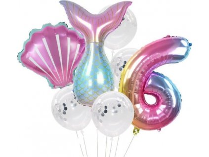 Sada 7 balónků s konfetami mořská panna, číslo 6, latex a fólie, různé velikosti (25 cm - 81 cm)