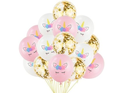 Sada 15 balónků Jednorožec a Konfety, Bílá/Růžová, Latex, Průměr 30 cm