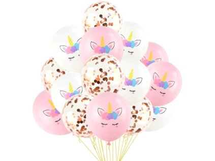 Sada 15 balónků Jednorožec Mix, Bílá/Růžová/Průhledná s Konfetami, Latex, Průměr 30 cm