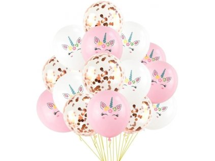 Sada 15 balónků Jednorožec Mix, Bílá/Růžová/Zlatá, Latex, Průměr 30 cm