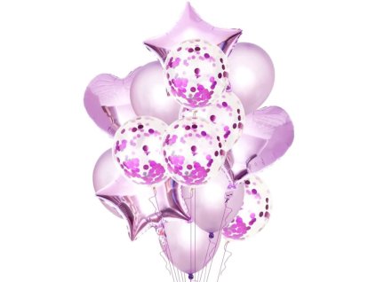 Sada 14 balónků ve tvaru hvězdy pro narozeniny nebo svatbu, fialová, latex a fólie, max. velikost 45 cm