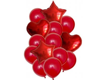 Sada 14 červených balónků s hvězdičkami a srdíčky, latex a fólie, velikost 45 cm a 25 cm