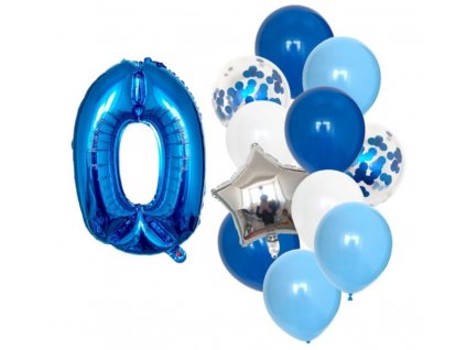 Sada 12 modrých balónků s konfetami, narozeninové číslo 0, výška 82 cm, velikost hvězdy 43 cm x 44,5 cm