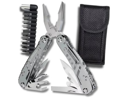 Kompaktní stříbrný multitool 24v1 s 11 bitů, kombinované kleště, nůž. 

**** Kompaktní stříbrný multitool 24v1.