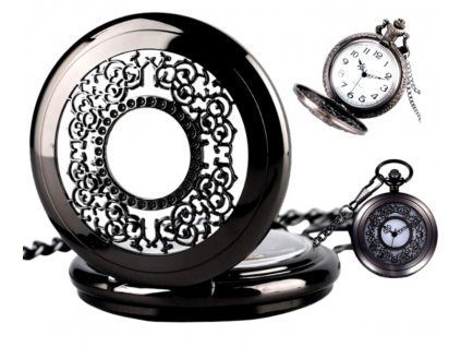 Kapesní hodinky ve steampunkovém stylu, bižuterní kov, bílý ciferník s arabskými číslicemi, 37 cm řetízek