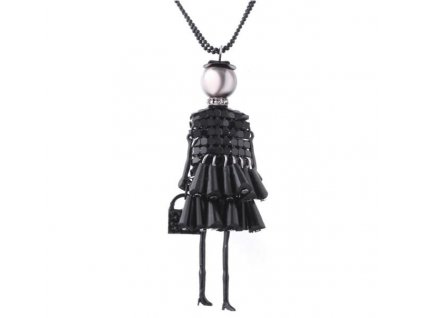 Dámský originální náhrdelník ve tvaru panenky, černý bižuterní kov, 78 cm