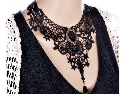 Steampunkový gotický náhrdelník z černé krajky, ručně vyráběný, s krystaly a perlami, obvod 34 cm + 7 cm prodloužení