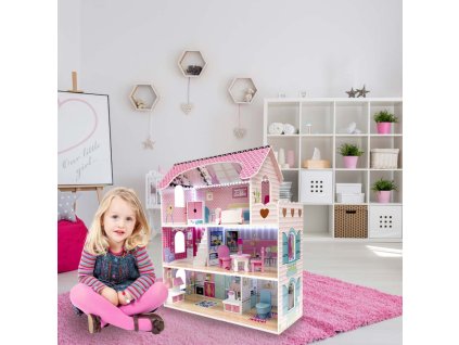 MDF dřevěný domeček pro panenky + nábytek 70cm růžový LED
