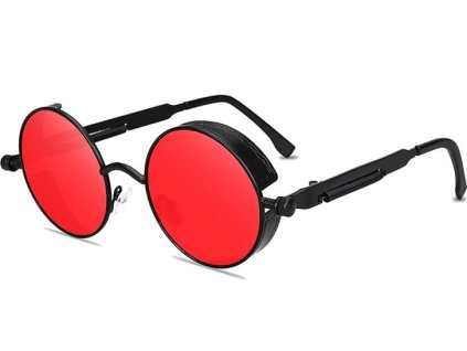 Unisex Steampunkové Kulaté Brýle RED Ray Lenon, Černá Kovová Obroučka, Červené Skla, UV Filtr 400 Cat.2