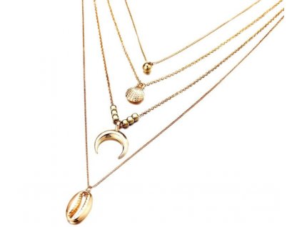 Zlatý náhrdelník s přívěsky měsíce a mušle, bižuterní kov, délka 30+7 cm