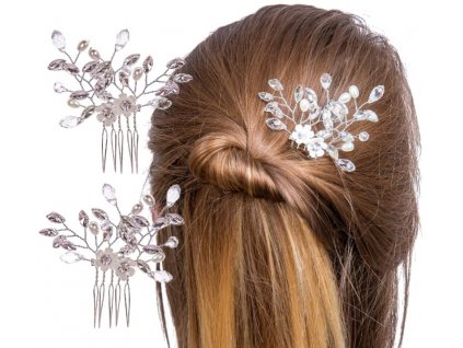 Elegantní stříbrná svatební spona do vlasů s bílými perlami a slzičkovými krystaly, 8 cm