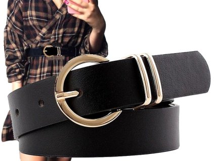 Dámský Černý Pásek s Krokodýlím Vzorem, Zlatá Kruhová Spona, Ekologická Kůže, 103 cm