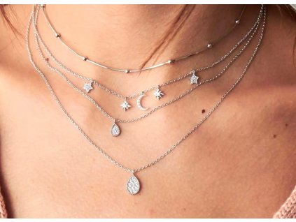 Stříbrný náhrdelník Choker s přívěsky hvězdy a měsíc, bižuterní kov, délka 55 cm + 6 cm prodloužení