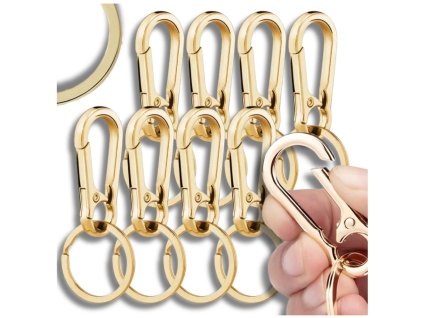 Zlatý kovový klíčový přívěsek karabina - 8 ks na klíče