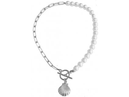 Náhrdelník s perlami a přívěskem mušle, zlatý, délka 39 cm, šířka perel 10 mm