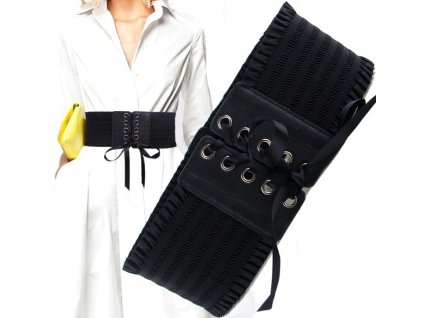 Elastický Dámský Korzetový Pásek, Černý, Syntetický Materiál s Vložkami z Ekologické Kůže, 70-100x10 cm