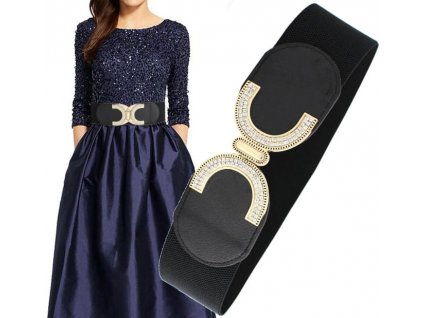 Široký dámský elastický pásek na šaty, černý, zdobený zirkony, 65-95 cm