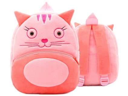 Dětský plyšový batoh s kočičím motivem, růžový/lososový/fuchsiový, polyester, 26x24x10 cm
