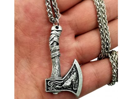 Pánský náhrdelník se sekerou Viking Axe, stříbrný, slitina kovů, s liščím ocasem výpletem