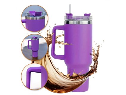 Velký prostorný termohrnek s držákem a brčkem 1L, fialová CUP11