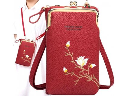 Dámská kabelka na mobil s mini peněženkou, červená, ekologická kůže, 18x11x5 cm
