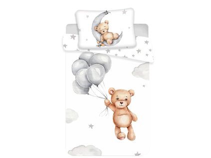 Bavlněné povlečení 100x135 Medvídek balónky hvězdy 7547 bílá šedá měsíc mraky Medvídek dětské povlečení 40x60 povlak na polštář