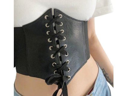 Dámský elastický korzetový pásek, černý, syntetický materiál s vložkami z ekokůže, 66 - 83 cm x 12 - 19 cm