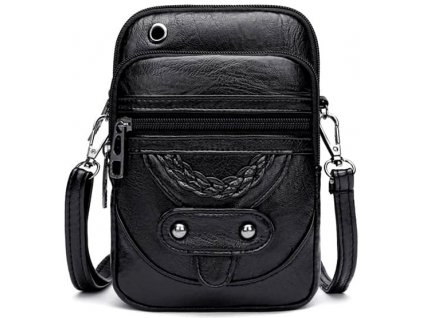 Vintage kožená taška na telefon s peněženkou, černá, 19x13x6 cm