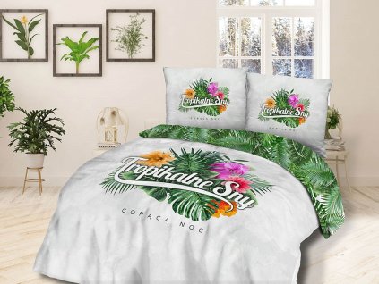 Bavlněné povlečení 160x200 Tropické sny Horká noc květy monstera listy bílá zelená 61472/1 Panelove 5680
