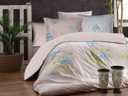 Bavlněné povlečení 160x200 Ortanca Růžová bílá růžová pudrová tyrkysová zelená květy Cottonlove Exclusive