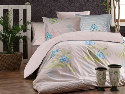 Bavlněné povlečení 200x220 Ortanca Růžová bílá růžová pudrová tyrkysová zelená květy Cottonlove Exclusive
