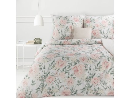 Saténové povlečení 140x200 Spring 13 Roses krémově růžovo-zelené s jedním povlakem na polštář Eurofirany