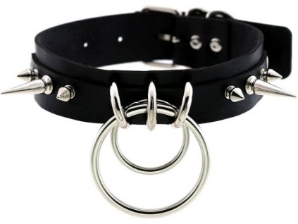Kožený náhrdelník obojek Goth s dvojitým kruhem a hroty, černý, šířka 3 cm, délka 44 cm