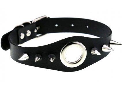 Černý kožený náhrdelník s hroty, stříbrné kování, šířka 4,5 cm, délka 44 cm