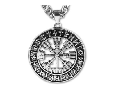 Pánský náhrdelník Vegvisir Nordic, stříbrná barva, chirurgická ocel, průměr přívěsku 3,2 cm