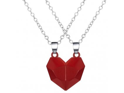 Dvoudílný magnetický náhrdelník srdce pro páry, stříbrná barva, délka 50+5 cm, slitina kovů
