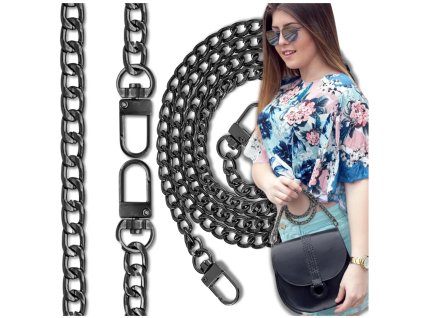 Dlouhý kovový řetízek na kabelku, černý, 120 cm