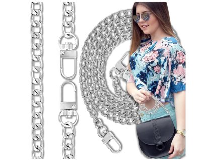 Dlouhý stříbrný kovový řetízek na kabelku s karabinou, 120 cm, šířka 1 cm