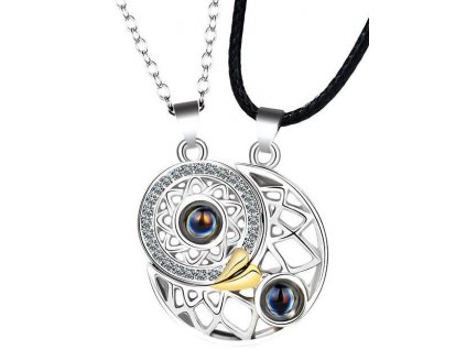 Dvojitý Magnetický Náhrdelník s Motivem Měsíce a Slunce, Stříbrný a Černý, Délka 50+5 cm, Slitina Kovů