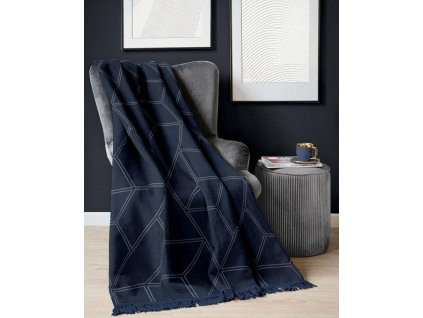 Akrylová bavlněná přikrývka 150x200 tmavě modrá geometrický vzor s třásněmi 117jb