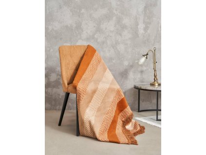 Akrylová bavlněná přikrývka 150x200 2144/3 Pruhy v cikcakách přehoz na postel rudá přikrývka zakončená střapci SG