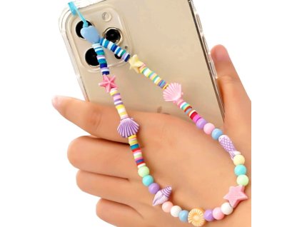 Letní šňůrka na telefon s perleťovým přívěskem a korálky, ručně vyrobená, délka 18-19 cm