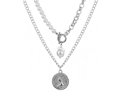 Dvojitý Dámský řetízkový náhrdelník choker s perlami, zlaté barvy, délka 50 cm