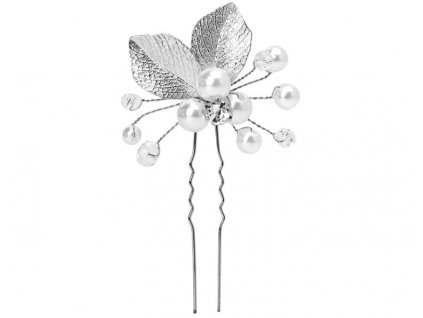 Svatební spona do vlasů s perlami a květinovými listy, bílá, 9 cm