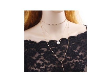 Náhrdelník choker tříkusový s perlou a krystalky N546