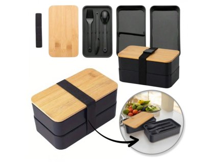Snídaňový box s příbory, bambus 18,5 x 10,5 x 9,3 cm PJM43