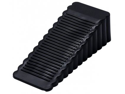 Černá plastová zarážka dveří, klínový tvar, rozměry 4,1 x 9,5 x 2,8 cm