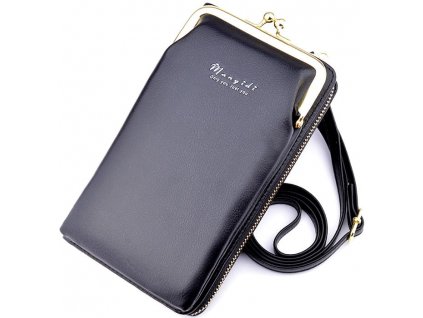 Mini peněženka s popruhem pro telefon, černá, měkká ekologická kůže, 18x11x5 cm