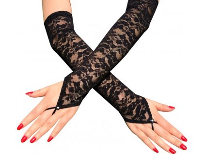 Dámské dlouhé krajkové rukavice, černé, jemný elastický materiál, univerzální velikost
