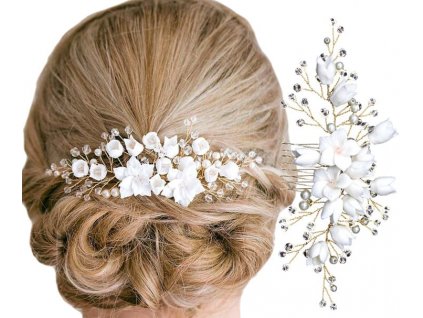 Elegantní svatební hřeben do vlasů, zlatý drát, bílé květy, 14 cm x 8 cm